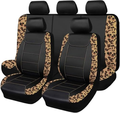Flying Banner car seat Covers Protects Leopard Printing Velvet Faux Leather Carbon Fiber Front and Rear Bench (Leopard Brown Black, Full Set - 8PCS) - color: Leopard Brown Black, size: Full Set -- 8PCS