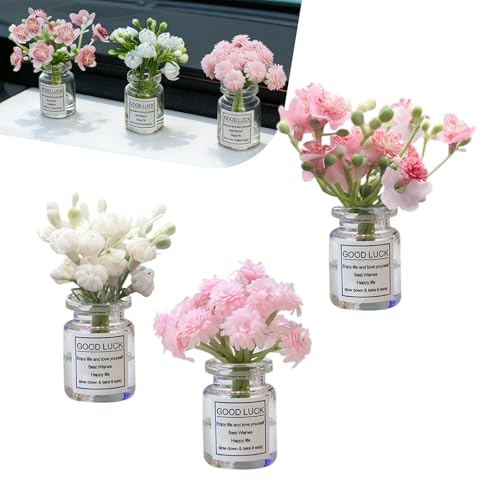 3 PCS Mini Flower Vases Car Dashboard Decor, Cute Glass Vase Car Dashboard Decorations, Funny Artificial Flowers Vehicle Interior Accessories, Universal for Most Cars (Multicolored)