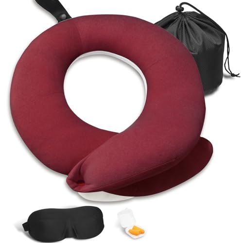 BUYUE Travel Neck Pillows for Airplanes, Memory Foam 360° Head Support Sleep for Long Flight, Skin-Friendly & Breathable, Kit with Eye Mask, Earplugs and Storage Bag (Adult, Red, 90+ lbs) - color: Red, size: Adult