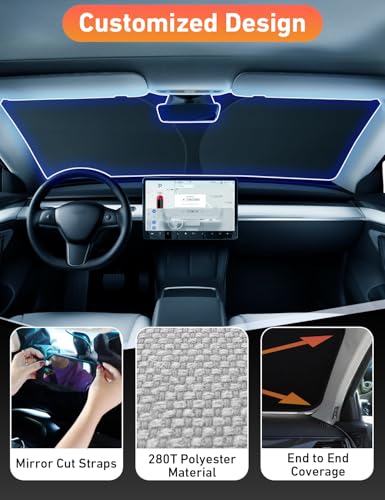 EcoNour Windshield Sun Shade Compatible for Tesla Model 3 & Model Y Juniper 2017-2024 2025 2026, Sun Visor for EV Front Window Sunshade, Foldable Heat & UV Protector, Car Accessories - size: for Tesla Model 3/Y 2017-2026