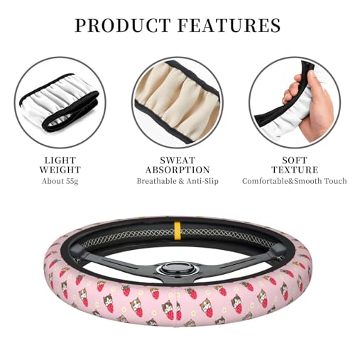Cute Strawberry Cat Elastic Steering Wheel Cover Non-Slip Breathable Steering Wheel Protector Fit Auto, SUVs, Truck - color: Cute Strawberry Cat