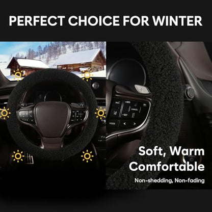 Fuzzy Warm Steering Wheel Cover for Winter, Soft Fleece Steering Wheel Cover for Women Men with Upgraded Silicone Inner Ring and Plush, Anti-Slip, Odorless Car Interior, Universal 14.5-15 Inch (Black)