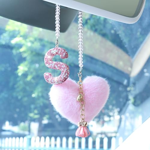 Bling Car Letter Charm, Rear View Mirror Ornament, Cute Hanging Crystal Pendant, Lucky Diamond Rhinestone, Women Auto Decor, Car Mirror Hanging Accessories(S, Pink Tassel Heart) - color: Pink S