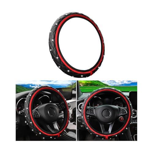 Bling Car Steering Wheel Cover, Non-Slip Elastic Stretch Leather Auto Steering Wheel Protector, Sparkling Diamond Vehicle Decor Accessories for Women Girls, Universal for Vehicles (Red)