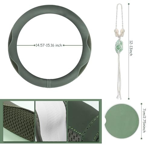 BBTO 4 Car Accessory Set, Steering Wheel Cover, Ceramic Coasters, Daisy Flower Clip Air Freshener, Crystal Hanging Ornament for Women(Sage Green)