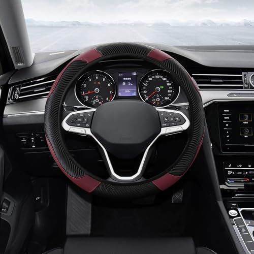 Car Steering Wheel Cover, Steering Wheel Protector, Universal 14.5-15 Inch Microfiber Leather Breathable Auto Steering Wheel Covers, Carbon Fiber Steering Wheel Cover for Women Men (Wine) - color: Wine red