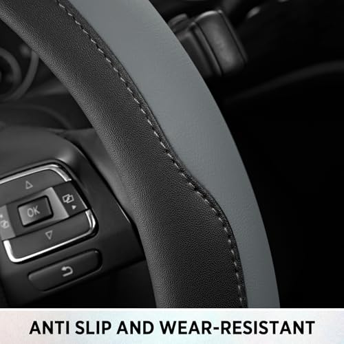 Road Comforts Steering Wheel Cover, Breathable Anti-Slip Leather Steering Wheel Cover, Universal Fit 14.5–15 Inch, Comfortable Grip - Gray Color