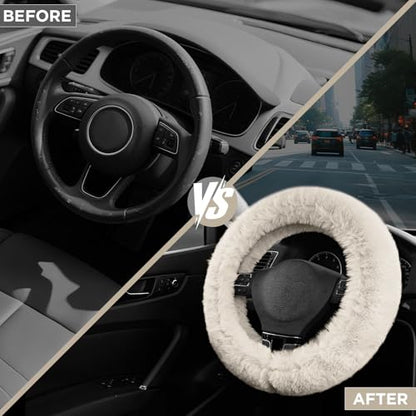 Road Comforts Steering Wheel Cover, Fluffy Car Wheel Covers for Women/Girls/Ladies，Soft Wool Fur Steering Wheel Protector, Universal 14 1/2 inches to 15 inches - White - color: White
