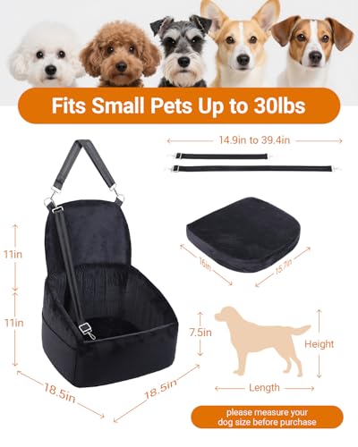 Dog Car Seat for Small Medium Dogs, Dog Booster Seat with Extendable Backrest, Pet Portable Car Seats up to 30 lbs, Washable Travel Bed with Storage Pockets and 2 Safety Leashes, Black - color: Black