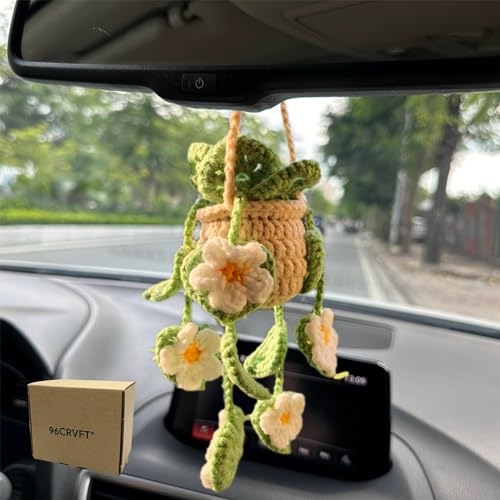 Cute Crochet Hanging Succulent Plant for Car, Aesthetic Decor Rear View Mirror Hanging Ornament Accessories for Women and Men, Handmade Cute Car Interior Decor Accessories Gift - color: Daisy