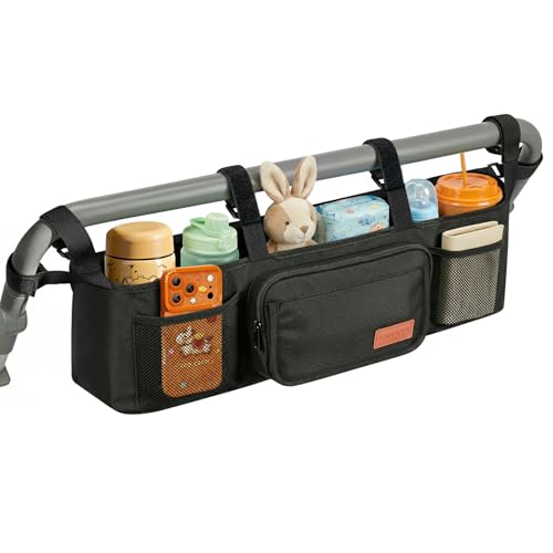 Guiseapue Double Stroller Organizer with 2 Insulated Cup Holders: Parent Console Double Jogging Stroller Accessories Fits for Baby Jogger City Mini GT2 and Jeep Double Stroller - color: Black, size: Double Stroller