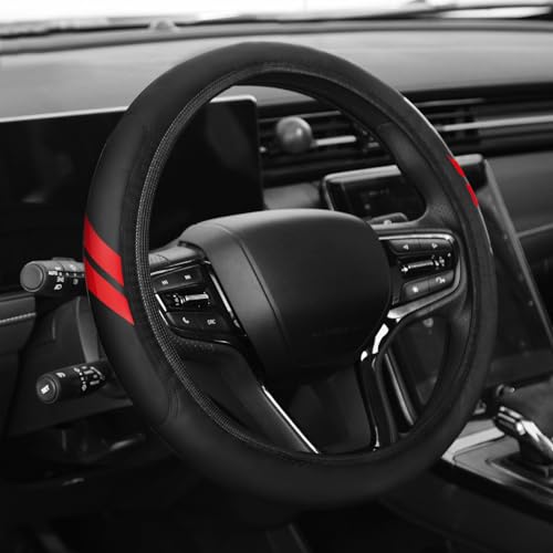 Premium Leather Steering Wheel Cover Compatible with Dodge Challenger Charger SRT RAM, Universal Fit 14-15 Inch, Breathable, Comfortable Grip, Lightweight, Easy Install Accessory - color: Red Dual Stripe
