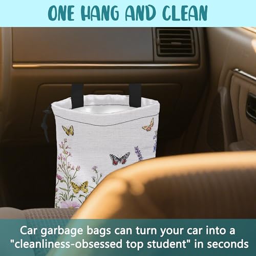 Car Garbage Bag Watercolor Butterfly Wildflower Drawstring Car Trash Bag Hanging for Back Seat with Adjustable Buckle Canvas Vehicle Trash Can Easy-to-Install - color: Watercolor Butterfly Wildflower