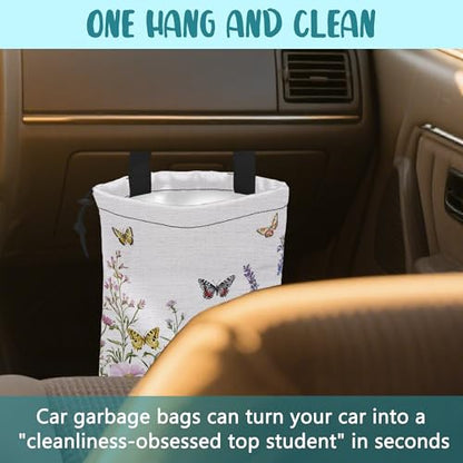 Car Garbage Bag Watercolor Butterfly Wildflower Drawstring Car Trash Bag Hanging for Back Seat with Adjustable Buckle Canvas Vehicle Trash Can Easy-to-Install - color: Watercolor Butterfly Wildflower