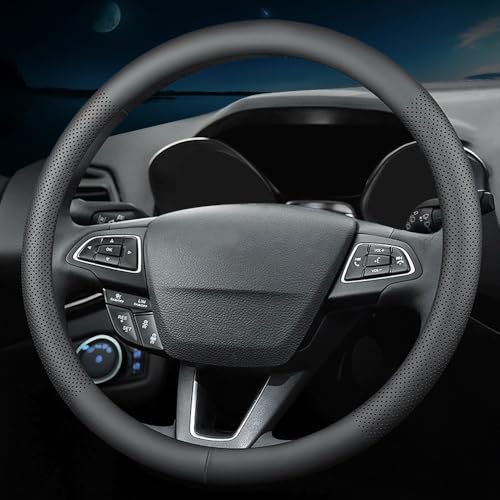 HAOTULE New Nappa Leather car Steering Wheel Cover，for Car Truck SUV 15 inch (Black) - color: Black-2