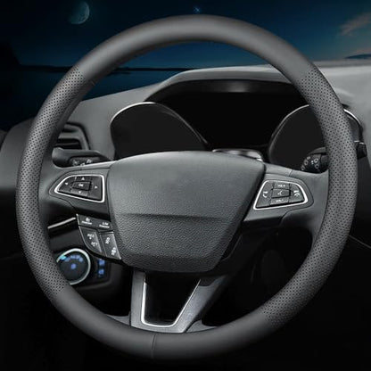 HAOTULE New Nappa Leather car Steering Wheel Cover，for Car Truck SUV 15 inch (Black) - color: Black-2