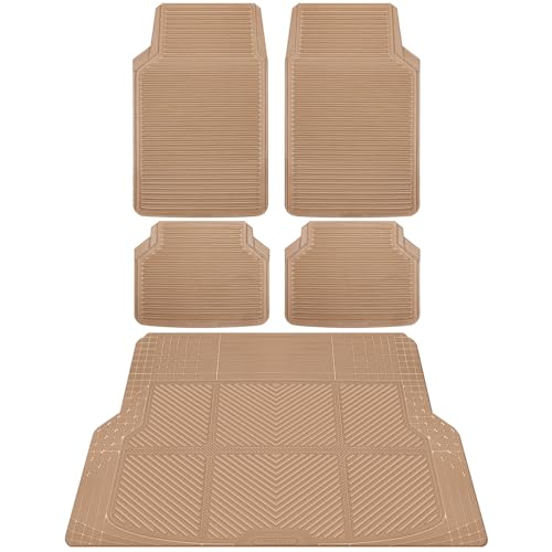CAR PASS Tan Rubber Car Floor Mats & Cargo Liners, All Weather Car Mats & Trunk Mats,Waterproof Automotive Floor Mats Trim to Fit for Most Cars Sedans SUVs Vans, Durable Heavy Duty Anti-Slip,Beige - color: Beige with cargo liner