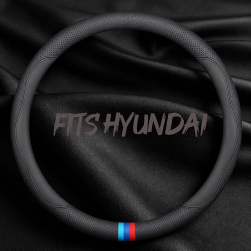 Leather Car Steering Wheel Cover, Tricolor Sporty Style, Breathable Laser-Perforated, Pure Black Double Lines, 14.5-15 Inch for Hyundai - color: Three-color mark - pure black, size: For Hyundai