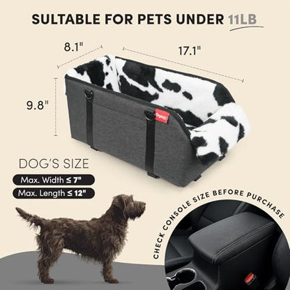 Center Console Small Dog Car Seat - Portable Pet Cat Puppy Booster Armrest Carseat Up to 11lbs, Anti-Collapse Comfort Car Travel with Washable Fluffy Cushion and Pillow, Milk Cow
