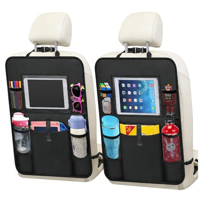 2 PCS Car Backseat Organizer, Multifunctional Seat Back Organizers with Touch Screen Tablet Holder, Waterproof Oxford Seat Back Storage Bag Kick Mats for Most Vehicles