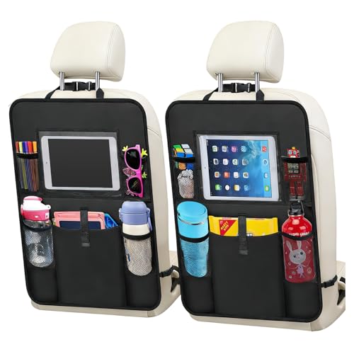 2 PCS Car Backseat Organizer, Multifunctional Seat Back Organizers with Touch Screen Tablet Holder, Waterproof Oxford Seat Back Storage Bag Kick Mats for Most Vehicles
