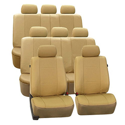 FH Group Three Row Car Seat Covers Deluxe Leatherette with 8 Seater, Airbag Compatible and Rear Split – Universal Fit for Cars Trucks & SUVs (Beige) - color: Solid Beige, style: 3 Row 8 Seater
