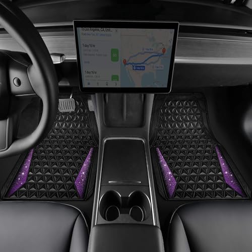 CAR PASS Bling Rubber Car Mats Diamond Floor Mats Full Set Anti-Slip 3D Rhombus Waterproof Universal Trim to Fit Liner Glitter Crystal Sparkly Shining Rhinestone Girl Women SUV Sedan Van, Black Purple - color: Purple Diamond