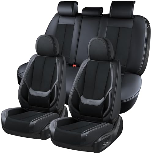 Coverado Front and Back Seat Covers 5 Pieces, Full Set Universal Seat Covers for Cars, Breathable Fabric&Leather Car Seat Protectors, Car Seat Cushions Compatible with Most Sedans SUV Pick-up Truck - color: Fabric-Black, size: Full Set
