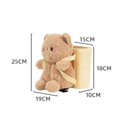 2-in-1 Car Tissue Holder & Trash Bin Organizer Cute Plush Bear/Rabbit/Capybara for Armrest Easy to Install Soft & Adorable (Bear)