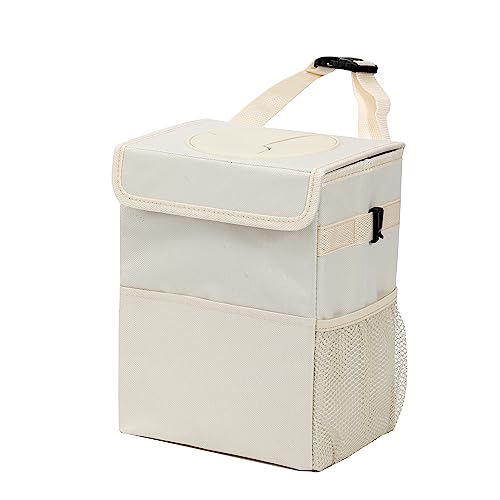 AOKJOY Car Garbage can with lid Leak Proof Vehicle Trash Can 3 Storage Pockets Hanging Waterproof car Trash Bag for SUV Beige - color: beige
