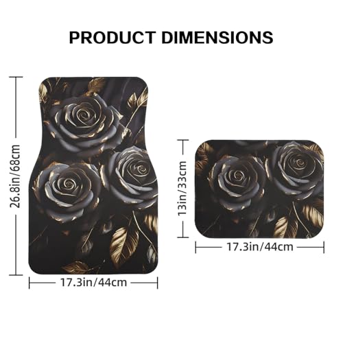 Universal Fit Car Floor Mats-Tech Cloth with Elegant Patterns, Gilded Black Roses,Anti-Slip Rubber Bottom, Front (26.8x17.3in) & Rear (13x17.3in) Set,4PCS, Water-Resistant & Simple to Clean