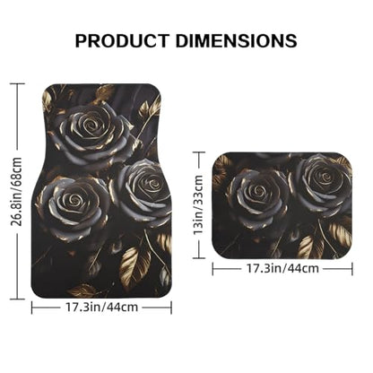 Universal Fit Car Floor Mats-Tech Cloth with Elegant Patterns, Gilded Black Roses,Anti-Slip Rubber Bottom, Front (26.8x17.3in) & Rear (13x17.3in) Set,4PCS, Water-Resistant & Simple to Clean