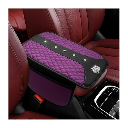 Bling Crown Car Center Console Cover, Crystal Leather Auto Armrest Box Cushion with 2 Storage Bags, Universal Crown Middle Console Cover Arm Rest Protector for Most Vehicles (Purple) - color: Purple