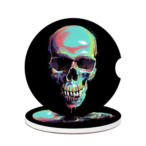 2 Pack Halloween Skeleton Car Cup Holder Coasters - Skull Head Absorbent Ceramic Coaster, Car Coasters for Cup Holders, Car Interior Accessories for Women Men - color: Human Skull