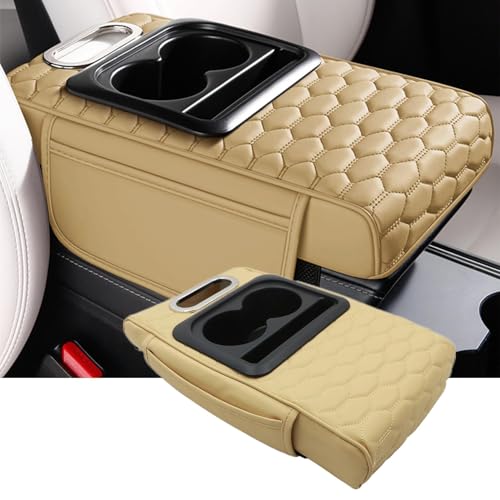 Priprilod Beige Car Center Console Armrest Pillow, Memory Foam with Cup Holder and Cell Phone Holder, Multifunctional Car Center Console Organizer, Universal Fit for Most Vehicles - color: Beige Tan