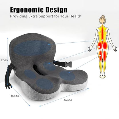 Car Seat Cushion and Lumbar Support Pillow with Fixing Strap, Larger Memory Foam Seat Cushion, Ergonomic L-Shaped Design Cushion for Back Pain Relief, Non-Slip Driving Cushion for Car, Office, Truck,