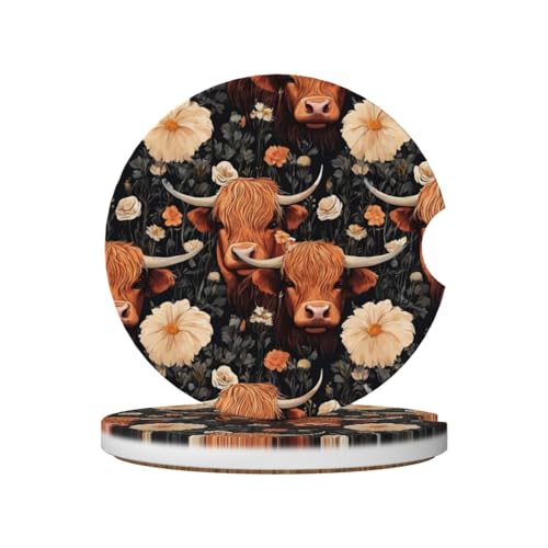 Yak Highland Cow Flower Absorbent Ceramic Car Coasters for Cup Holders, 2.56" Anti Slip Insert Cup Coasters for Women Men (2 PCS) - color: Yak Highland Cow Flower