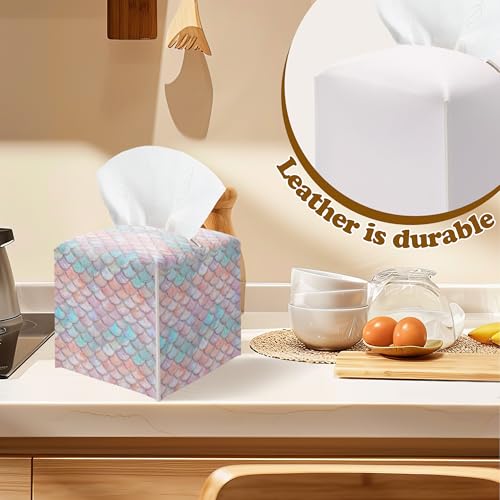 Pink Mermaid Scales Square Leather Tissue Box Cover – Magical Mermaid Themed Facial Paper Organizer, Perfect Kids Birthday Party Decor & Gift for Girls - color: Colorful02