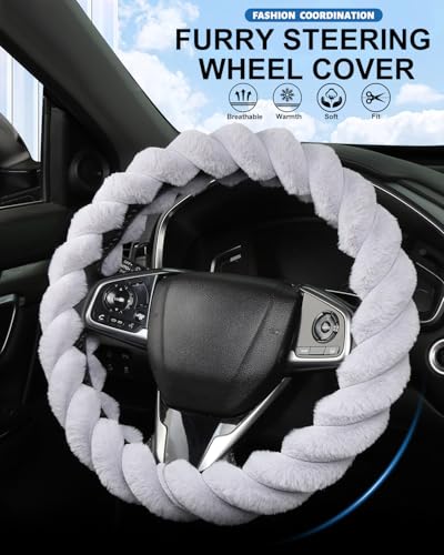 Fluffy Grey Steering Wheel Cover for Women Girls, Cute Plush Fuzzy 15" Universal Anti-Slip Breathable, Soft Warm Cozy for Teen College Student, Elegant Girly 14.5-15 Inch - color: Grey