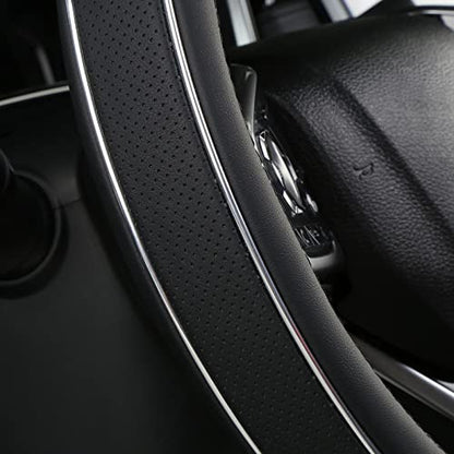 ALEMODR Black Leather Steering Wheel Cover Fiber Strip Car Steering Wheel Cover Universal 15 inch for Men - color: Black