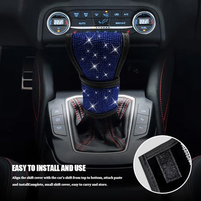 Bling Auto Gear Shift Knob Cover, Car Shifter Cover, Sparkly Crystal Rhinestones Gear Shift Knob Cover for Women Girls, PU Leather Shift Gear Cover with Bling Accessories Fit Cars (Blue) - color: Blue