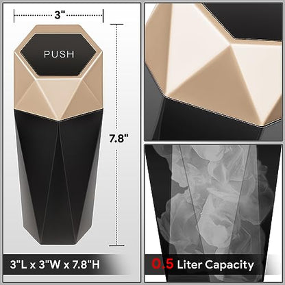 DNA Motoring Mini Car Auto Trash Can with Removable Lid, Leakproof Mini Garbage Bin for Automotive Home Office,Black/Gold,ZTL-OD-01-GD