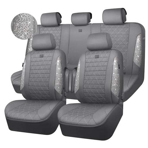 CAR PASS Gray Oxford Bling Diamond Car Seat Covers Full Set Interior Sets, Waterproof Shining Glitter Sparkly Crystal Universal Armrest Fit 95% Automotive Truck SUV Cute Women Girl, Gray Rhinestone - color: Gray Rhinestone-Oxford, size: Full Set