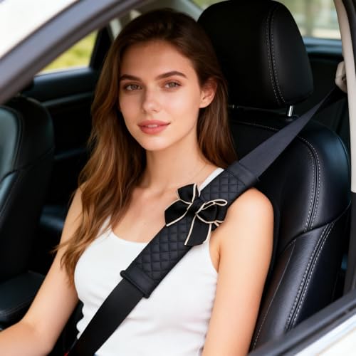 Cute Bow Leather Car Seat Belt Cover Pads,2 Pcs & 4 Pcs Seat Belt Cover for Shoulder, Seatbelt Cushion, Car Seat Strap Pads, Seatbelt Covers for Women (Black,2) - color: Black