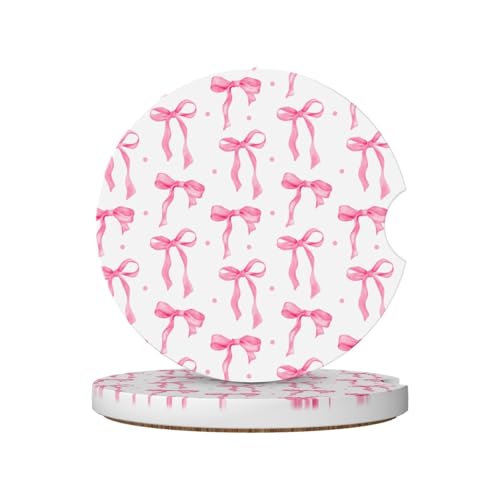 Pink Bow Car Coasters for Cup Holders,2 Pack Car Cup Holder Coasters for Car,Ceramic Absorbent Car Coaster with A Finger Notch and Cork Base,Car Interior Accessories for Women Men - color: Pink Bow