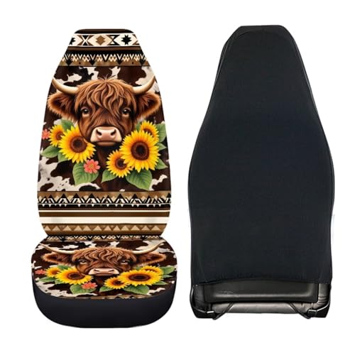 4 Pcs Aztec Highland Cow Car Seat Covers Full Set Highland Cow Sunflowers Auto Front Rear Seat Protector Aztec Tribal Car Accessories Set for Women Men Universal Vehicle Bucket Seats Covers - color: Aztec Highland Cow
