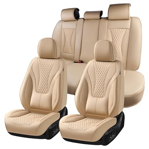 Coverado Waterproof Nappa Leather Car Seat Covers, Automotive Fullset Seat Covers, 5 Seat Car Seat Cushion & Car Seat Protector, Beige Front and Rear Covers Universal Fit for Most Cars, SUVs, Trucks - color: Beige-N, size: FullSet