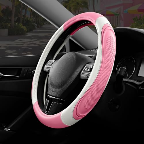 Road Comforts Car Steering Wheel Cover - Microfiber Leather Steering Wheel Wrap Sports 14.5-15 Inch Steering Wheel Cover Non-Slip for Men Women Pink & White Color - color: White&Pink