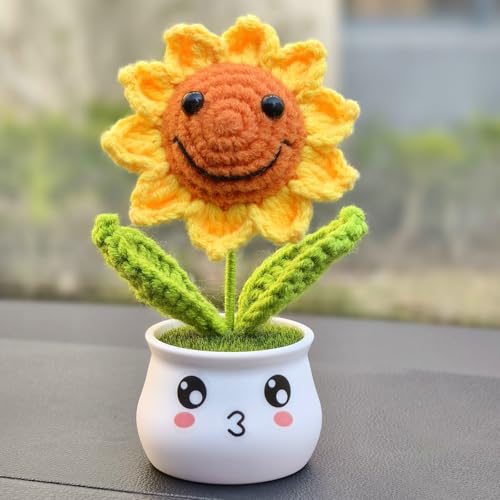 Levvohd Crochet Sunflower Gifts for Women, Artificial Sun Flower for Office Desk Car Dashboard Decor, for Women Birthday (1 Sunflower - M) - color: Smiley Face-m