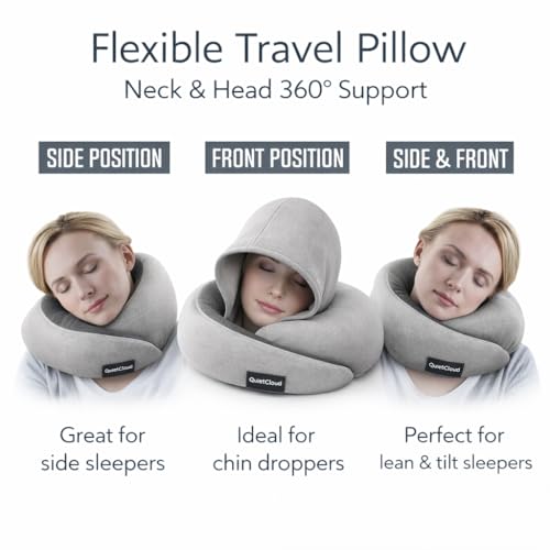 Travel Neck Pillow Hooded Memory Foam 360° Head & Chin Support, Lightweight Breathable Adjustable Fit Travel Neck Pillow with Eye Mask, Earplugs & Carry Bag for Airplanes, Car, Bus, Train & Long Trips